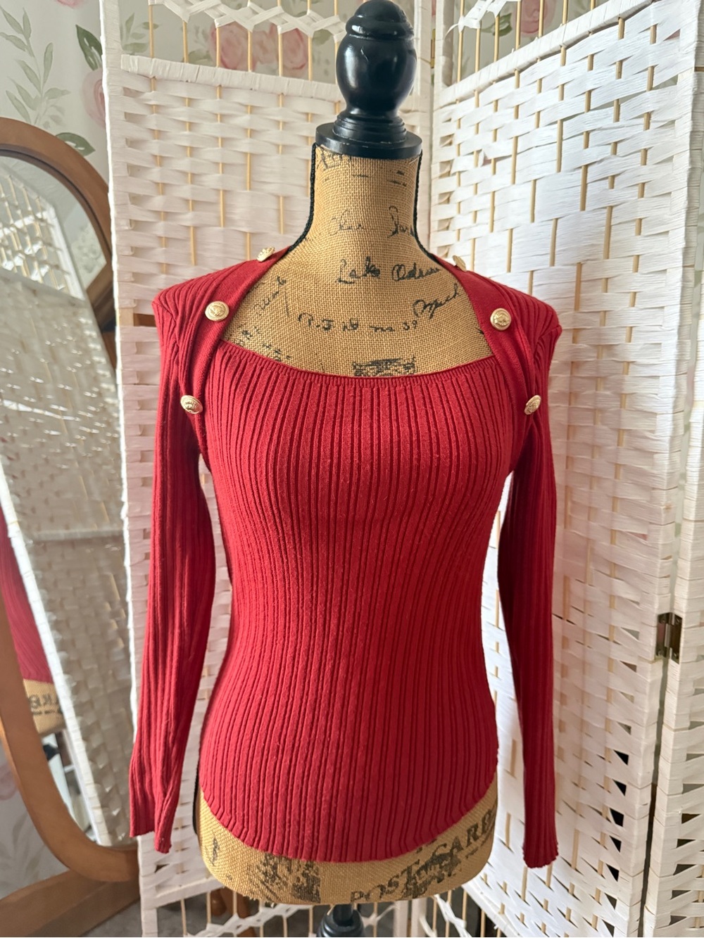 Red Ribbed Long Sleeve Sweater with Gold Buttons